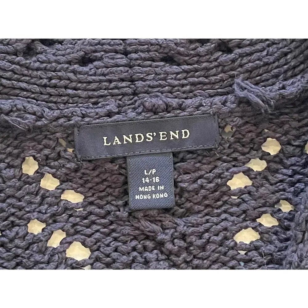 Lands' End Navy Blue Open Knit / Crochet Cardigan, Shawl Collar, V-Neck, Size LP